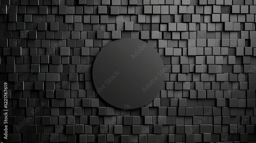 Poster modern black and grey mosaic style background featuring circular element in center, creating striking visual contrast. This design evokes sense of depth and sophistication