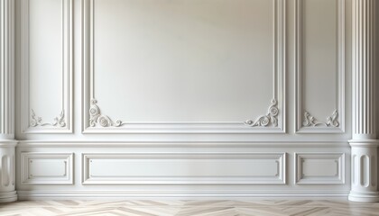 Ornate white wall with decorative molding. Classic architectural design. Interior view. Detailed bas-reliefs. Vintage style. Elegant home decor. Beautiful wall texture. Antique style. Classic