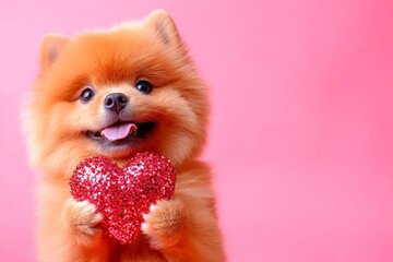 Obraz premium Cute chow doggy with sparkling rhinestones red heart - emblem of love, funny greeting card. Ad campaign creative. Chow - my cherished dog. February love animal photography. Pet love.