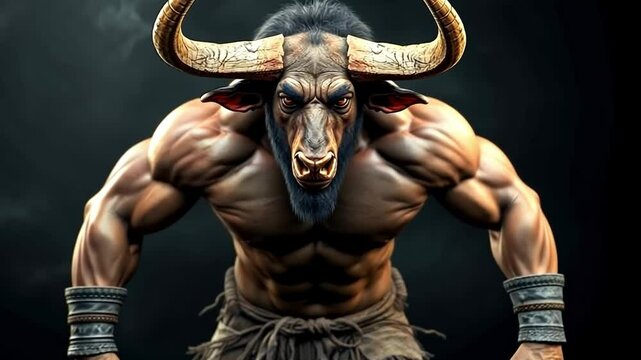 Minotaur illustrated: muscular hybrid, aggressive eyes, dark swirling background.