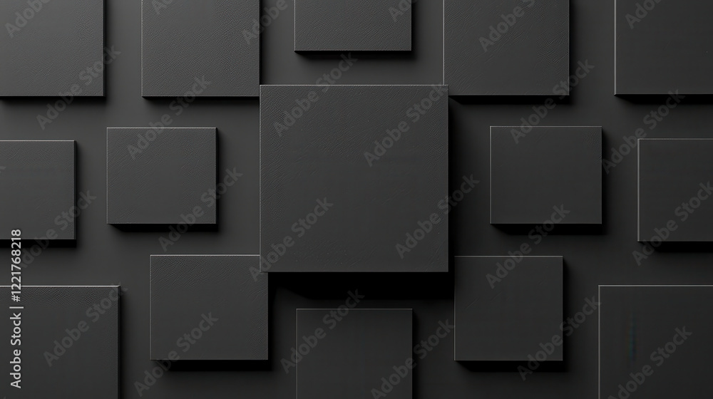 Poster Minimalist black and grey pattern featuring various square shapes arranged on dark background, creating modern and artistic visual appeal