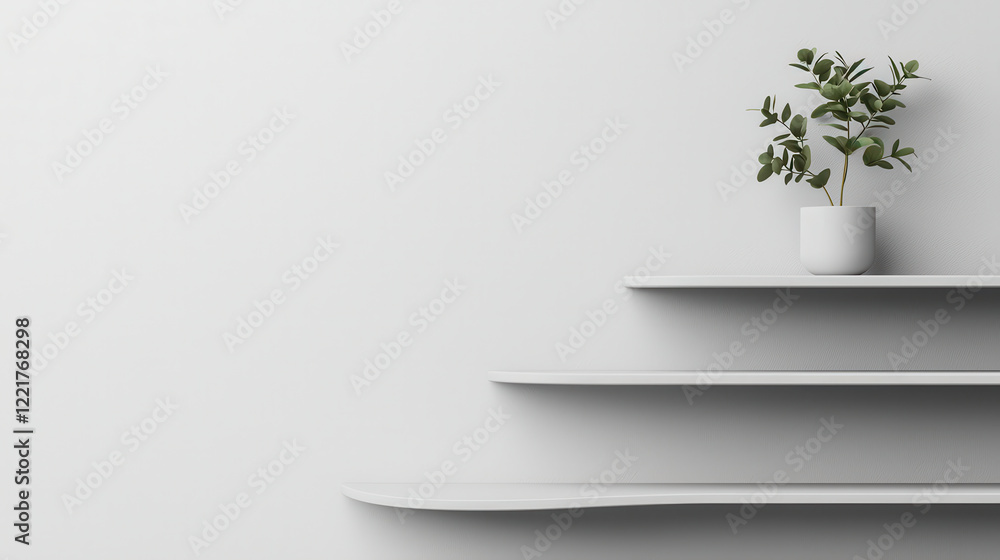 Poster minimalist gray background with smooth shelves and potted plant. clean design creates serene atmosph