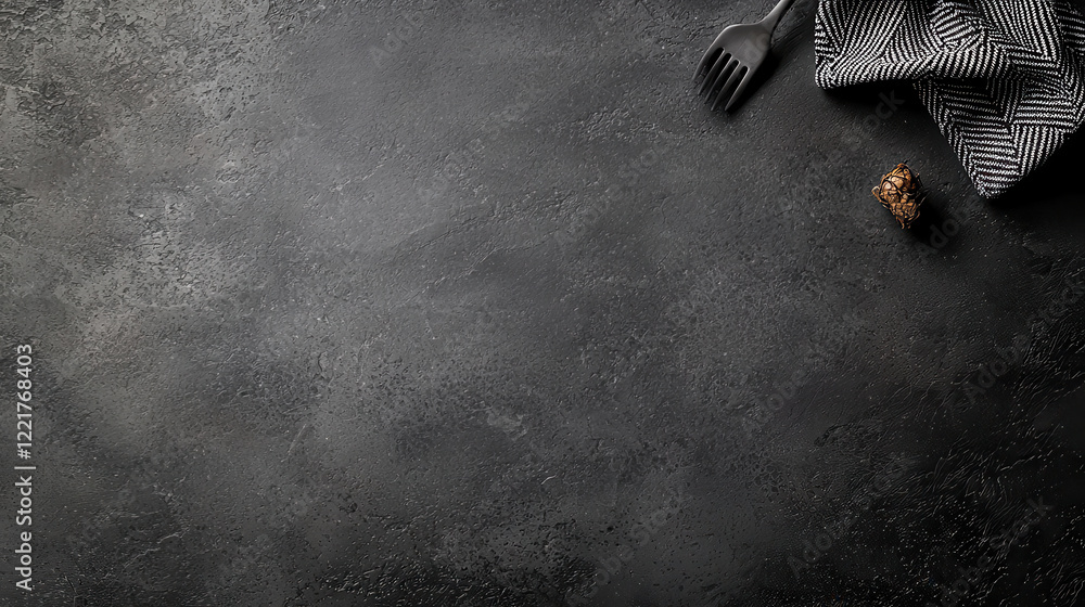 Poster modern gray background featuring sleek texture, fork, and cloth napkin, creating stylish and minimal