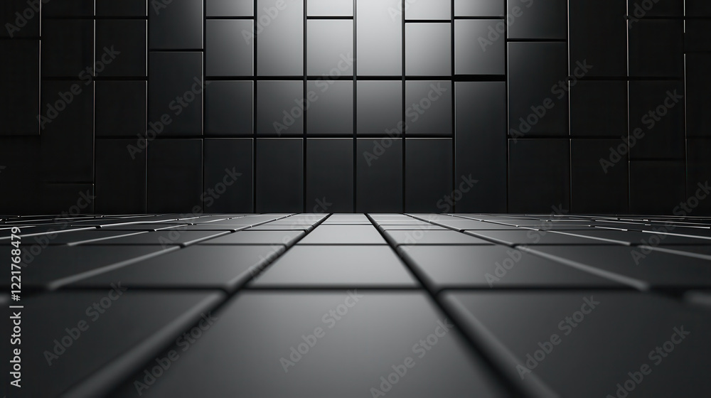 Poster Dark black background with faint geometric grid pattern, creating modern and minimalistic atmosphere. perspective emphasizes depth and structure