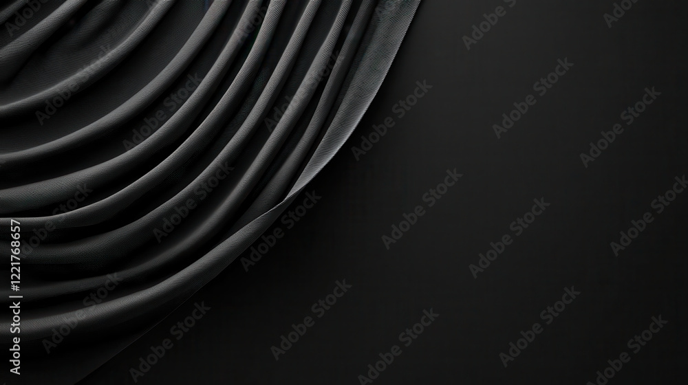 Poster Elegant black fabric drapes creating smooth waves on dark background, adding depth and texture to composition. Perfect for design and artistic projects