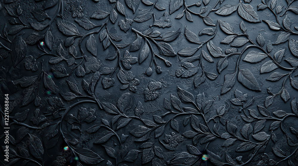 Poster Textured black and grey background featuring intricate floral and leaf patterns, creating sophisticated and elegant atmosphere. Ideal for design projects or artistic presentations