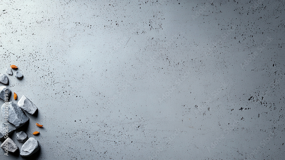 Poster soft gray background with subtle texture, featuring scattered stones and orange accents, creates cal