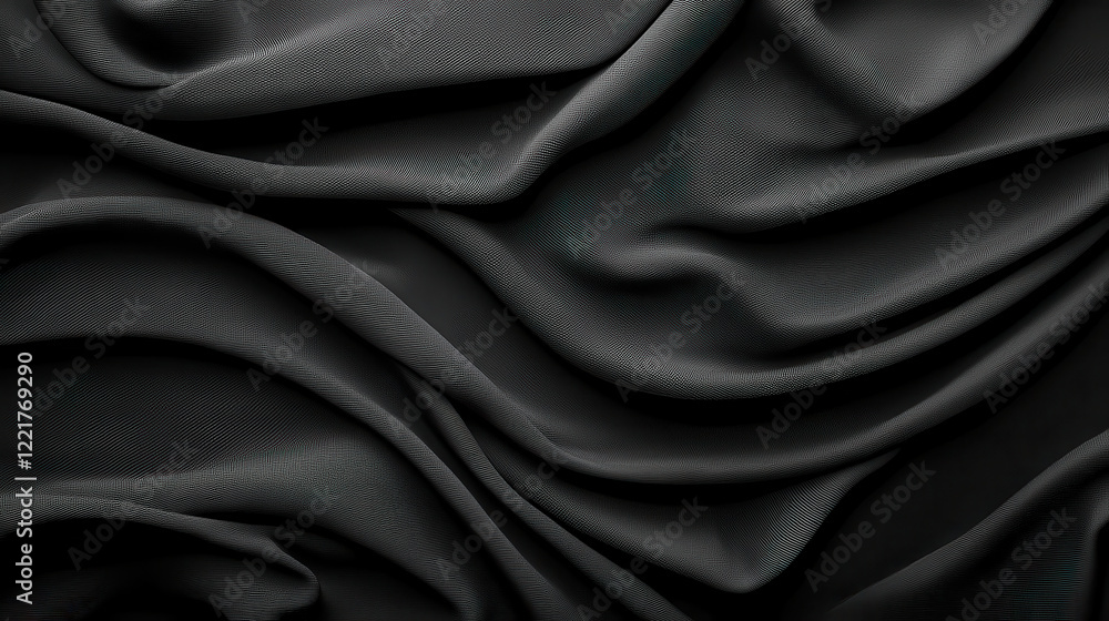 Poster Elegant black fabric with soft flowing patterns creates luxurious texture. smooth drapes evoke sense of sophistication and depth, perfect for various design applications