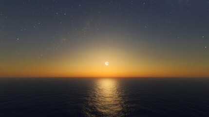 Serene Sunset Over Calm Ocean Waters Under Starry Sky