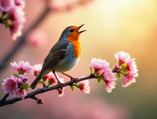 European robin singing on a blooming cherry tree branch in spring