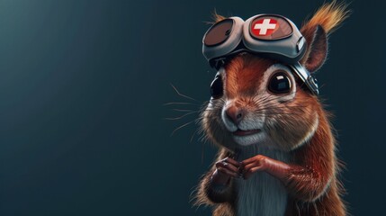 Squirrel wearing medical equipment on dark blue background, AI generated image