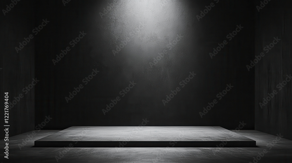 Poster minimalistic dark room with spotlight illuminating raised platform, creating dramatic atmosphere. sm