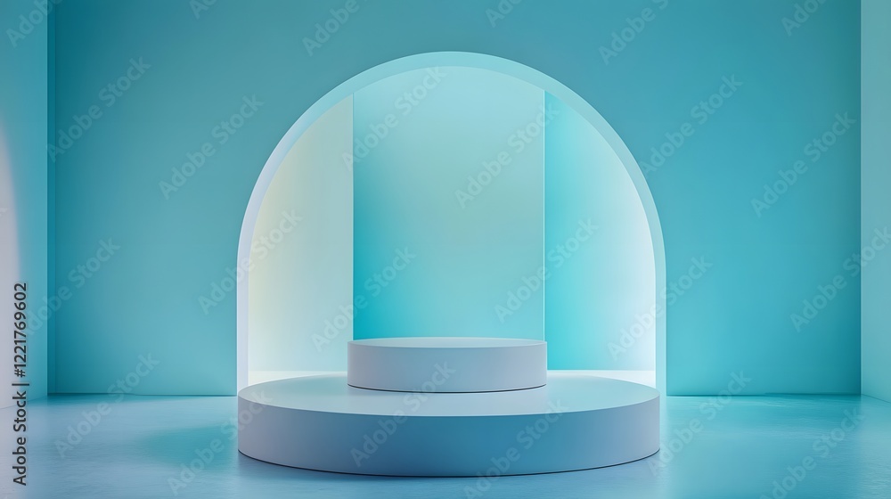 Poster a sleek modern podium placed in the center of a minimalist white room, with soft lighting highlighti