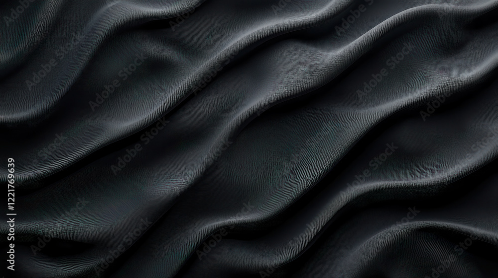 Poster Smooth black fabric with intricate waves and folds creates dramatic texture. subtle sheen adds depth, making it ideal for backgrounds or artistic projects