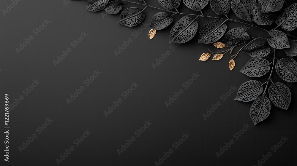 Poster delicate black leaves with golden accents on soft black background create elegant and sophisticated 