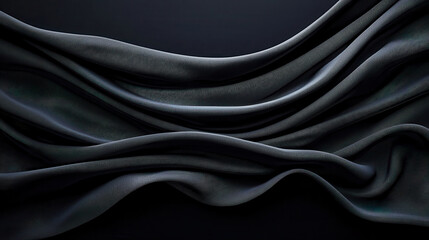 Fototapeta premium Smooth black fabric draped elegantly, creating soft waves and intricate textures. subtle sheen enhances depth and richness of material, evoking sense of luxury and sophistication