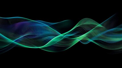 Abstract flowing waves of teal green and dark blue lines over a black background