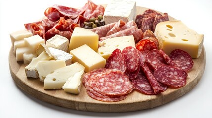 A delicious charcuterie board featuring an assortment of cheeses and cured meats.