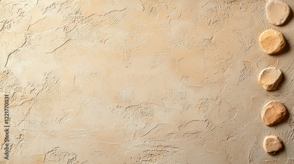 Fototapete Textured cream background with smooth stones arranged in line, creating serene and calming atmosphere. Ideal for wellness or relaxation themes