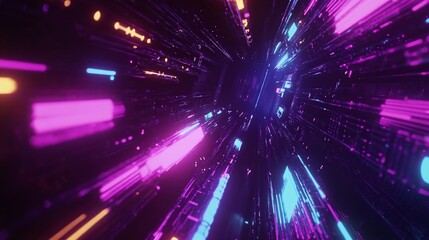 Fototapeta premium Abstract digital tunnel with neon lights, futuristic background and high technology visuals