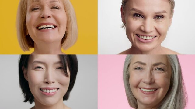 Four women representing different age groups smile brightly against vibrant backgrounds. Their expressions convey happiness, showcasing diversity and positivity in their interactions.