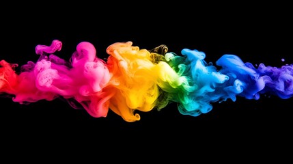 Vibrant rainbow colored ink swirling and flowing gracefully against a black background