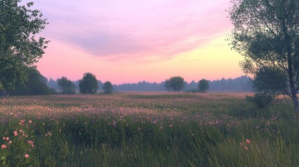 Serene sunrise meadow landscape, floral field, misty dawn, idyllic background, travel poster