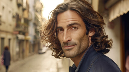 Fototapeta premium man with long, wavy hair stands on street, exuding confidence and charm. background features quaint urban setting with soft lighting