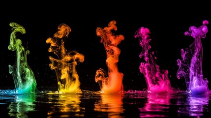 Colorful ink plumes rising from a reflective dark surface in a studio setting