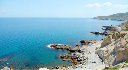 sea and rocks, sea, beach, coast, water, ocean, landscape, sky, island, nature, greece, coastline, summer, travel, rock, bay, sand, cliff, rocks, shore, blue, mountains, italy, vacation, view, seascap