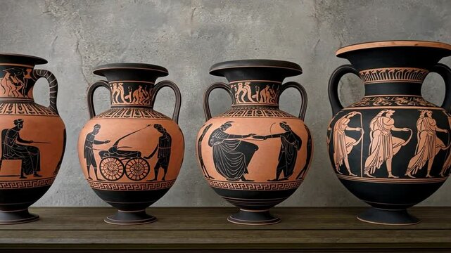 Four ancient Greek vases on a wooden surface, displaying black-figure designs and mythological scenes against a textured gray wall.