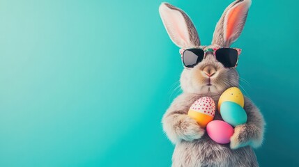 Playful Easter bunny wearing sunglasses and holding colorful eggs on a turquoise background with space for text