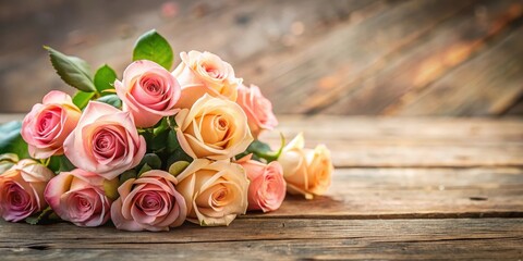 Elegant rose arrangement on a wooden table background with a soft focus effect, home decor