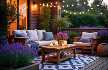 Fototapeta premium Cozy outdoor space at dusk. Wooden furniture with warm light from string lights, candles. Purple lavender plants in pots create relaxing ambiance. Perfect for evening relaxation on home balcony