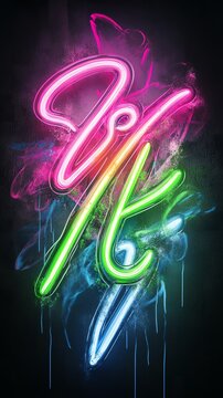 Electric typography, glowing in neon pink and lime green streaks, dark background, 3D illustration