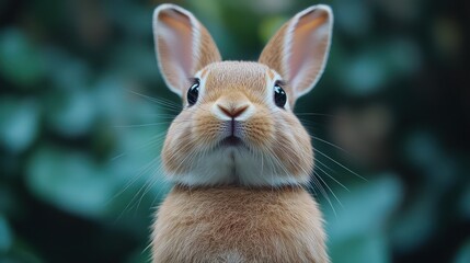 Obraz premium Portrait of a cute bunny on a green background with a focus on the bunny and copy space