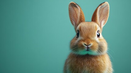 Obraz premium Portrait of a cute bunny on a green background with a focus on the bunny and copy space