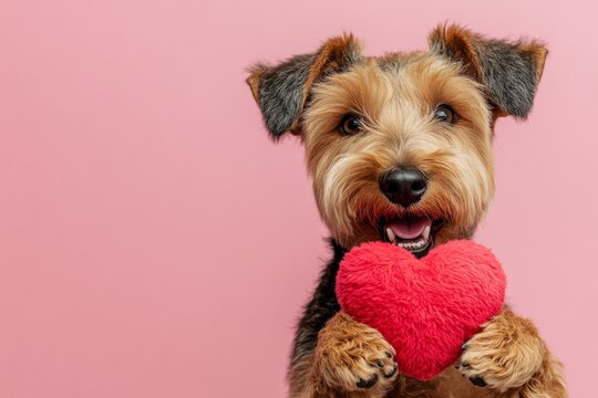 Ad campaign idea. Cute airedale terrier dog with fluffy red heart - sign of love, funny greeting card. Airedale terrier - my preferred dog. Love-filled moments with animals. Puppy cuddles.