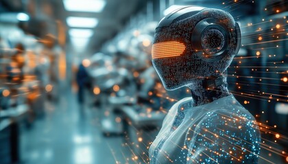 Robotics Lab Humanoid Robot Analyzing Data in Tech Laboratory