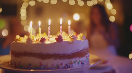 Birthday cake with lit candles. Celebration time!