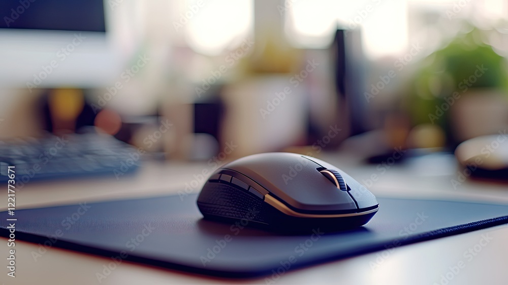 Aufkleber a computer mouse on a sleek mousepad, with a blurred background of a workstation.