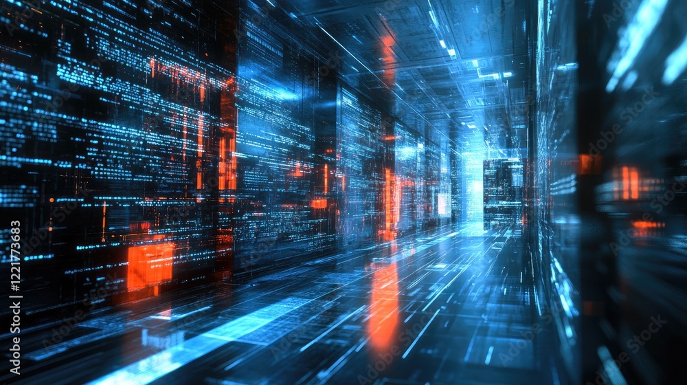 Poster a computer screen showing code lines, with a blurred background of a contemporary workspace.