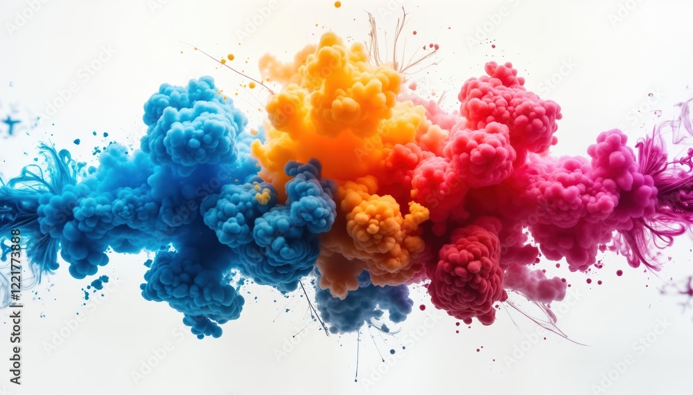 Poster colorful liquid explodes in vibrant colors on white background. fluid motion creates abstract shapes