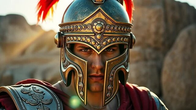 Ancient Greek warrior wearing ornate armor and helmet in a sunlit, vibrant rocky landscape.