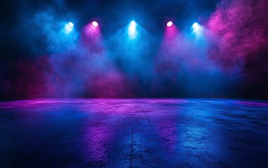 Epic background for photography, dance floor with neon blue and purple spotlights, smoke in the air,  with generative ai