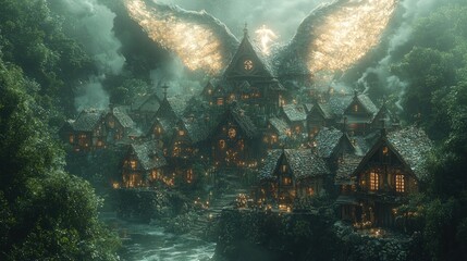 Enchanted Village Under a Celestial Wing