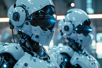 Fototapeta premium Futuristic humanoid robots in industrial smart factory revolution. Android Revolt. Artificial intelligence cybernetic machines.