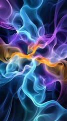 Fototapeta premium Text with electric blue outlines, flowing purple and yellow streaks, surreal background, 3D illustration