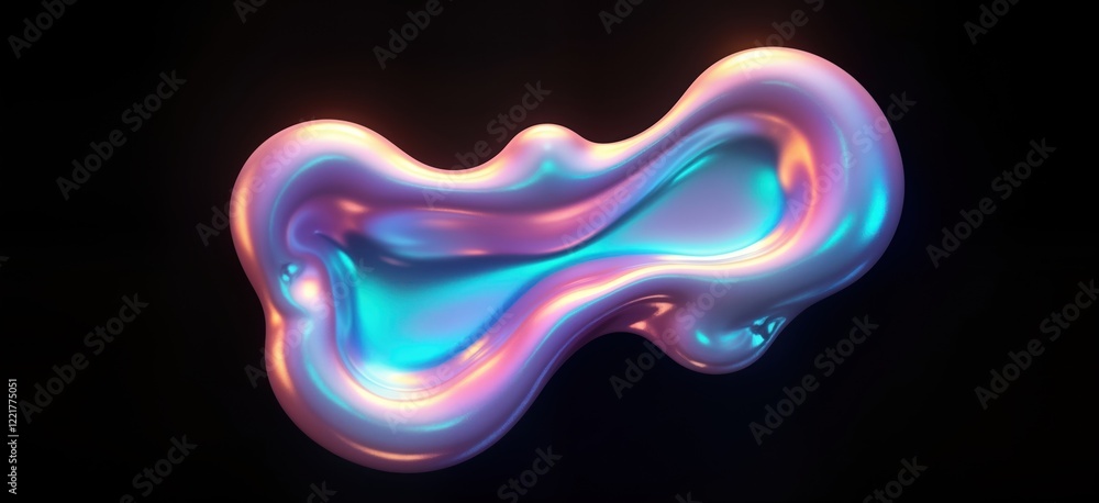 Poster holographic liquid blob shape on black background. iridescent wavy liquid substance with rainbow col