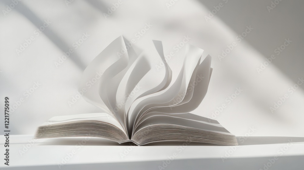 Poster an open white book with flowing pages against a bright backdrop and shadows creating visual interest